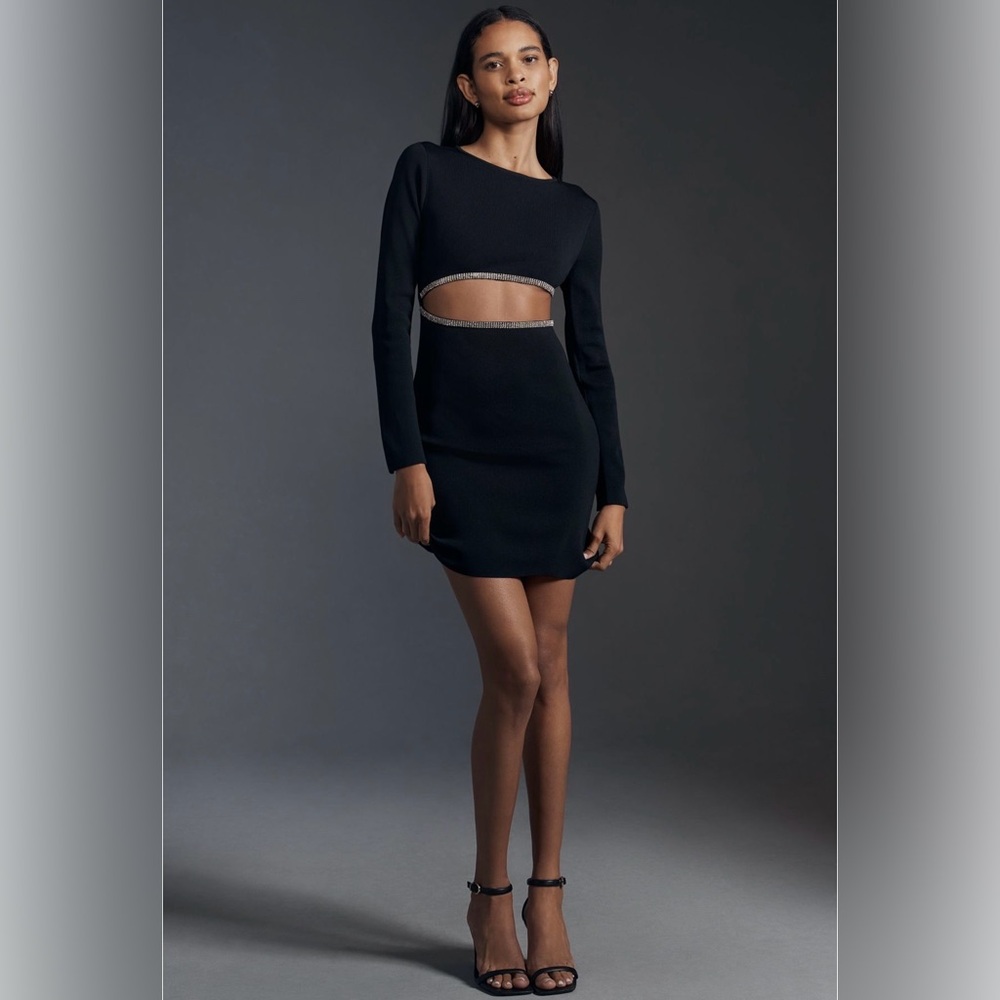 NWT Endless Rose Black Long Sleeve Cutout Mini Dress with Rhinestone Trim